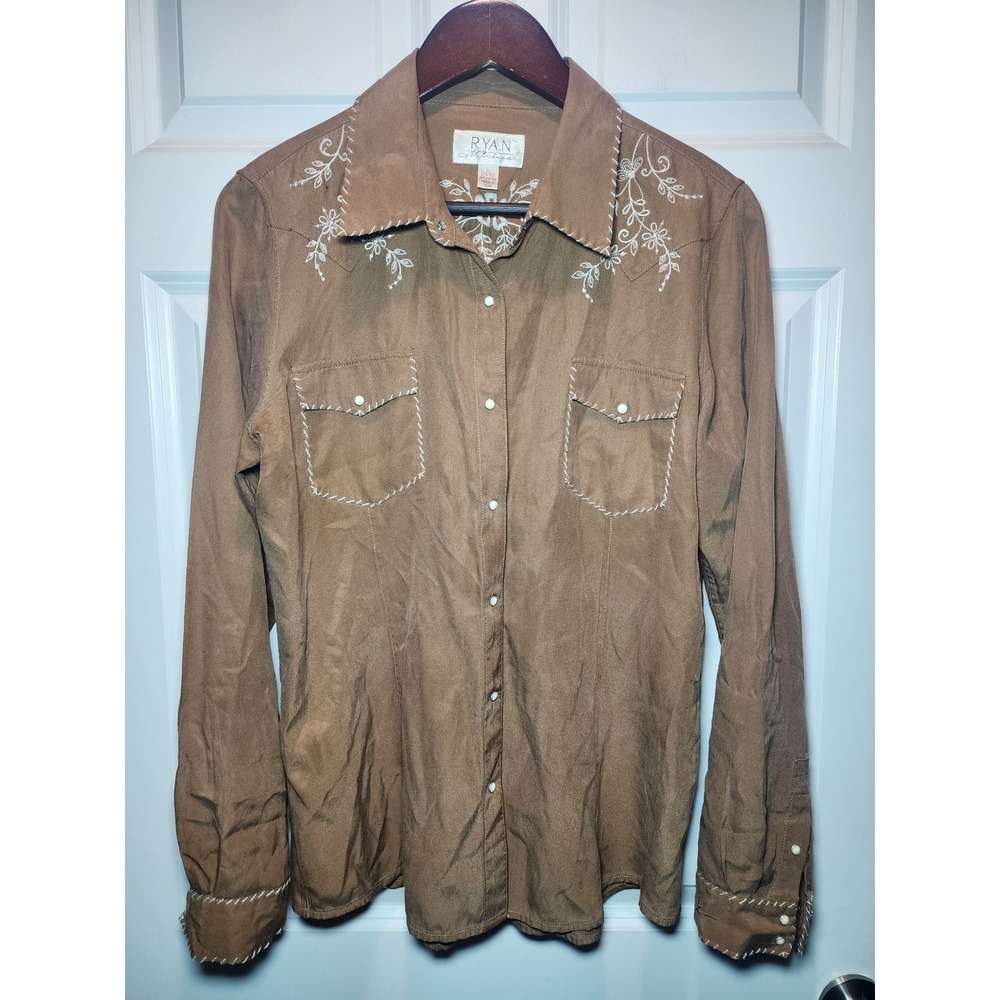 Ryan Michael Vintage Y2K Silk Blend Western Embroidered Snap Shirt Brown Large